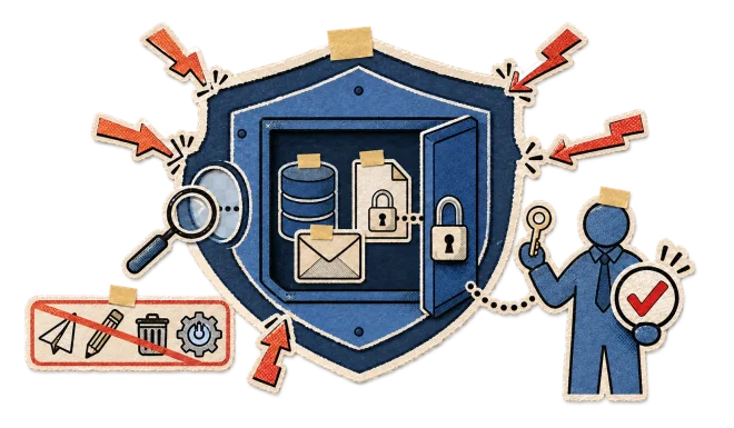 Your data behind a locked shield: read-only access, nothing sent, edited, deleted or activated, and a person holding the key